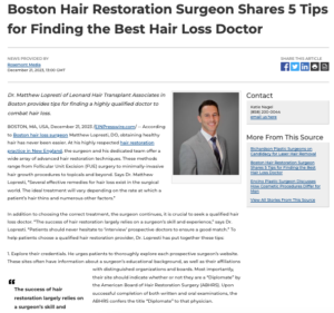 Boston Hair Restoration Surgeon Reveals 5 Tips for Choosing a Hair Loss Doctor